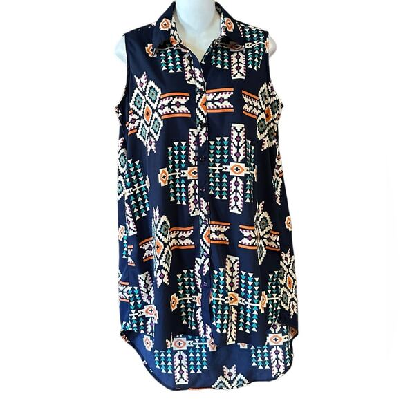 pink cattlelac Tops - Pink Cattlelac Women’s Large Sleeveless Aztec Tunic Top Navy